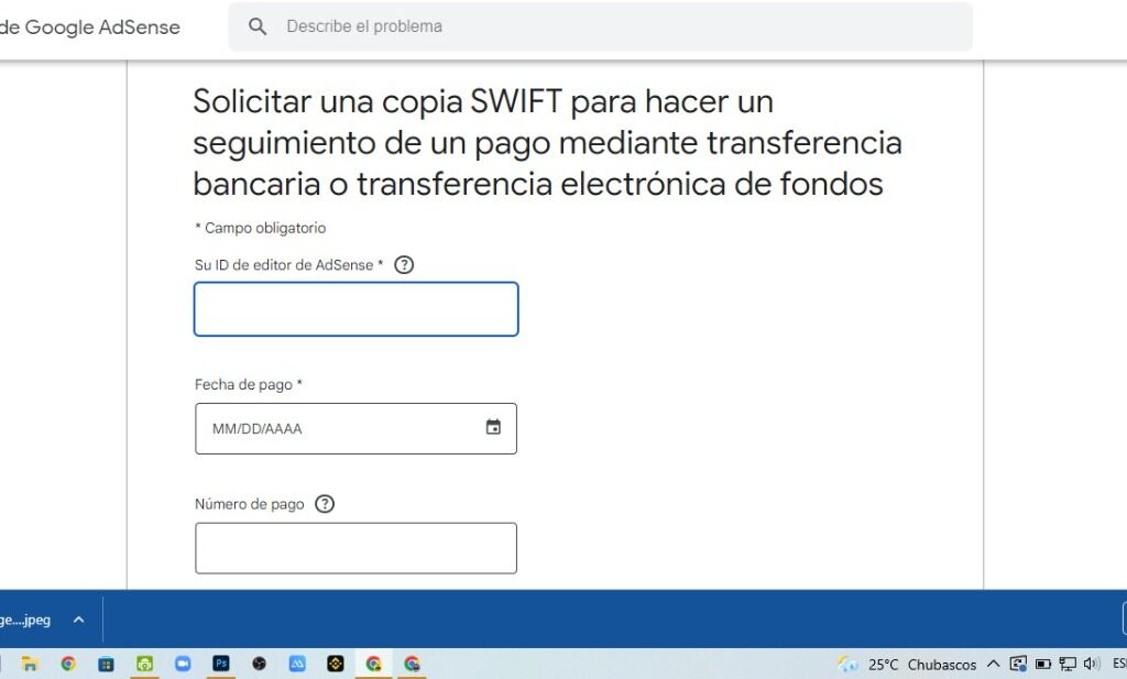 solicitud de copia de codigo swift para hacer un seguimiento de pago de tranferencia bancaria desde google adsense