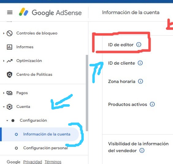 pasos para llegar al ID  de editor de adsense