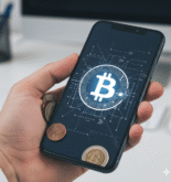Una imagen que muestre un puñado de monedas de diferentes tamaños (simbolizando diferentes cantidades de dinero) en una mano que sostiene un celular con el logo de Bitcoin o una plataforma de exchange.