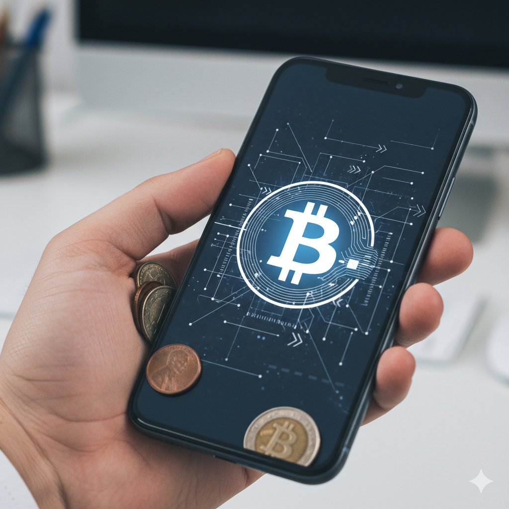 Una imagen que muestre un puñado de monedas de diferentes tamaños (simbolizando diferentes cantidades de dinero) en una mano que sostiene un celular con el logo de Bitcoin o una plataforma de exchange.